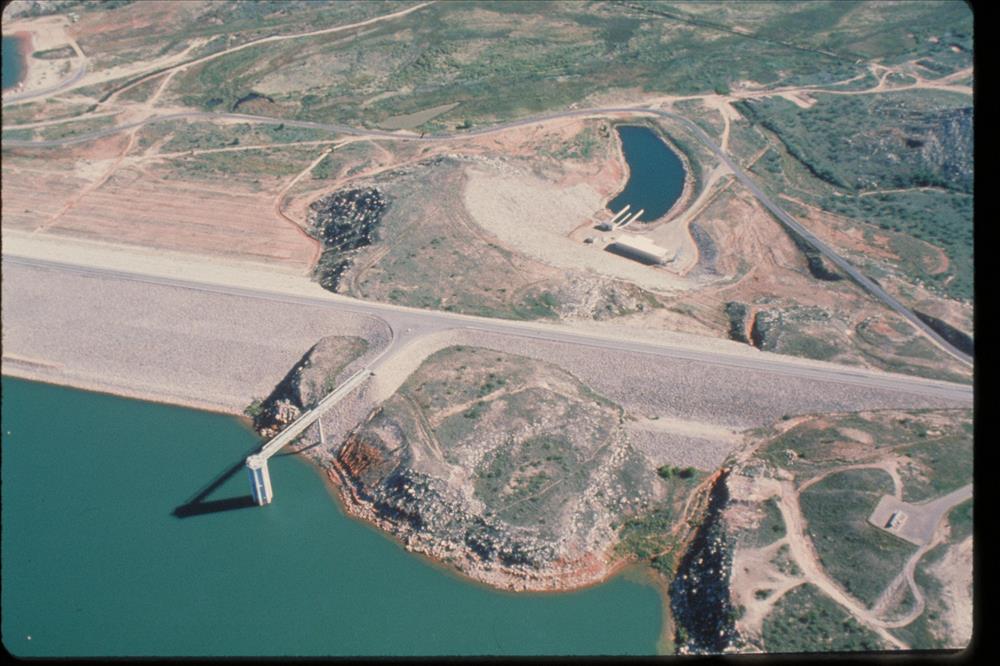 Aerial view of Hoover Dam beside Lake Mead