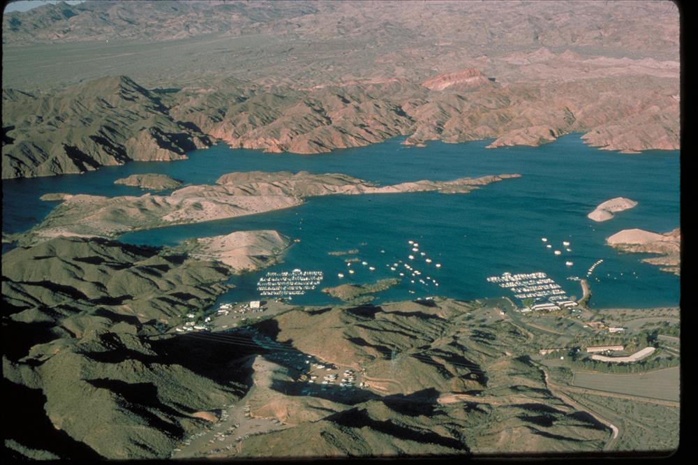 Aerial view of Lake Mead with marinas and desert shoreline